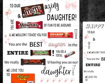 Poster per il compleanno della figlia con caramelle e messaggi di auguri: decorazioni stampabili per la festa (download digitale)