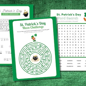 Könnte beinhalten: Drei druckbare St. Patrick's Day-Aktivitätsblätter mit einem Codeknacker, einem Labyrinth und einem Wortsuchspiel. Die Blätter sind grün und weiß mit Illustrationen von Kobolden und Goldtöpfen.