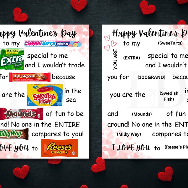 Valentine's Day Candy Poster Card Digital Download Candy Grams Candy Cards PTO Fundraiser Last minute Couples Gift for her Gift for him