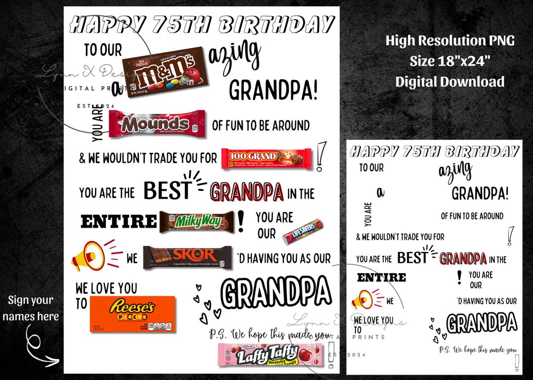 Grandpa 75th Birthday Candy Poster: Printable Gift (digital