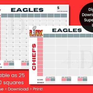 Super Bowl LIX Squares Game | Digital Download | Football Squares Printable Football Game | 25 or 100 Squares