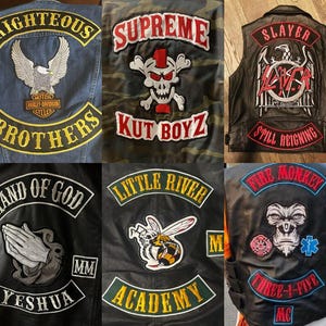 以下が含まれることがあります： バイクジャケット用の刺繍パッチのコレクション。「Righteous Brothers」のワシ、「Supreme Kut Boyz」のドクロ、「Slayer」のバンドロゴなど。その他、「Hand of God」、ハチ、サルなどのパッチがあります。