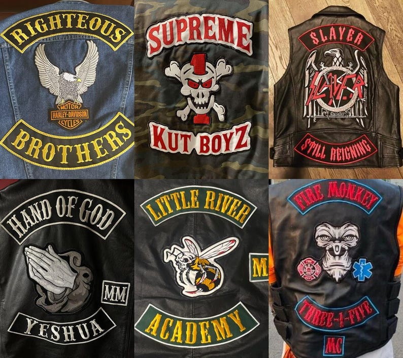 以下が含まれることがあります： バイクジャケット用の刺繍パッチのコレクション。「Righteous Brothers」のワシ、「Supreme Kut Boyz」のドクロ、「Slayer」のバンドロゴなど。その他、「Hand of God」、ハチ、サルなどのパッチがあります。