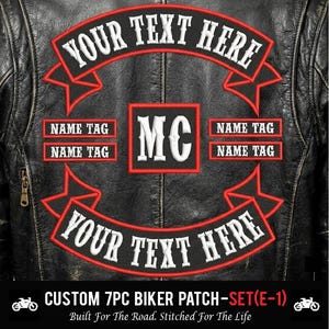 Custom Embroidered Motorcycle Club Biker Patch - Top & Bottom Rocker, Name, MC - 7 PC Full Set