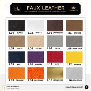 以下が含まれることがあります： 黒、白、茶色、グレー、ネイビー、紫、赤、黄色、オレンジ、メタリックゴールドとシルバーなど、さまざまな色合いのフェイクレザーの見本の色見本。 「FAUX LEATHER」と「SOULSUPPLYCO」の文字が含まれています。