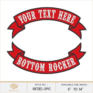May include: Red embroidered patch with the text "YOUR TEXT HERE" arched across the top and "BOTTOM ROCKER" across the bottom. The available size is 3 to 14 inches wide. The patch has a white background.