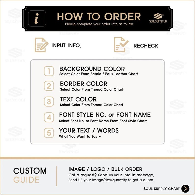 以下が含まれることがあります： 「HOW TO ORDER」というタイトルのガイドで、カスタムオーダーの手順が記載されています。背景色、ボーダー、テキストの色、フォントスタイル、テキストを選択する手順が含まれています。画像、ロゴ、一括注文に関する情報も提供しています。