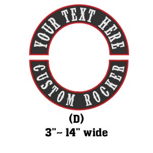 May include: Black and red custom rocker patch with white text that reads "YOUR TEXT HERE CUSTOM ROCKER" in a circle. The patch is 3 inches to 14 inches wide.