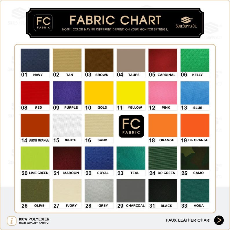以下が含まれることがあります： ネイビー、タン、ブラウン、レッドなど、さまざまな色が表示された生地チャート。黄色やピンクから青やオレンジまで、さまざまな色合いが表示されています。「Fabric Chart」の文字が上部にあり、「FC Fabric」のロゴがあります。
