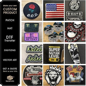 以下が含まれることがあります： アメリカ国旗、バラ、スカル、テキストなど、さまざまなデザインのカスタムパッチのコレクション。パッチはさまざまな形とサイズで、刺繍のディテールと鮮やかな色があります。「Super Saiyan Level On」などのテキストが記載されたパッチもあります。