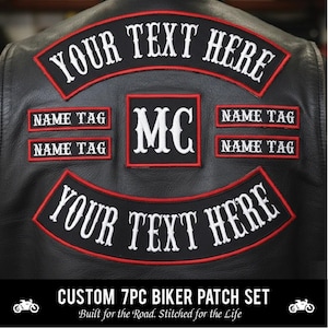 Custom Embroidered 7pc Biker Patch Full Set | Personalized Vest Rockers & Name Tags | MC Sew-On