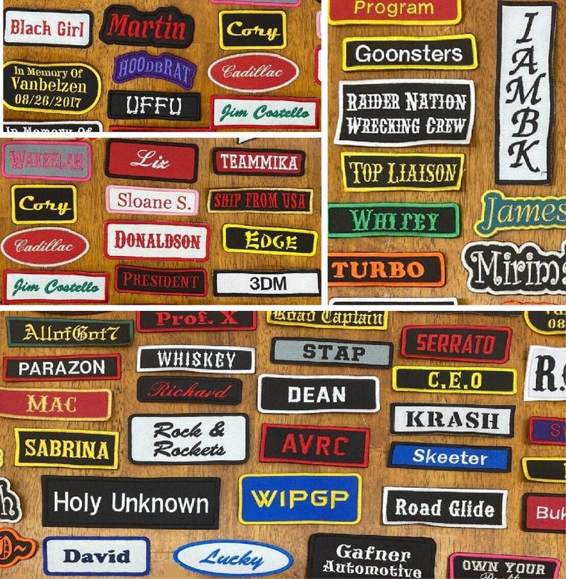 以下が含まれることがあります： 様々な形と色をした刺繍パッチのコレクション。名前、フレーズ、ロゴが特徴です。「Black Girl」、「Whiskey」、「Road Glide」などのテキストが含まれており、フォントとデザインが混在しています。これらのパッチは、おそらく衣類やアクセサリー用です。
