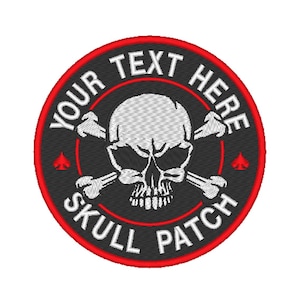 May include: A circular embroidered patch featuring a central white skull with crossed bones. The black background is bordered by a red ring. The text YOUR TEXT HERE appears at the top and SKULL PATCH at the bottom in white, with red spade symbols.