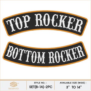 May include: Two embroidered patches with the text "TOP ROCKER" and "BOTTOM ROCKER" in white on a black background. The patches have an orange border. Available in sizes from 3 to 14 inches wide.