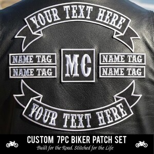 Custom Embroidered 7pc Biker Patch Full Set | Personalized Vest Rockers & Name Tags | MC Sew-On