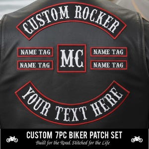 Custom Embroidered 7pc Biker Patch Full Set | Personalized Vest Rockers & Name Tags | MC Sew-On