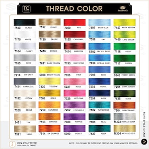 以下が含まれることがあります： 黒、白、赤、青など、さまざまな糸の色を表示するカラーチャート。チャートには色の名前と番号が含まれており、モニターの設定によって色のバリエーションがあることに注意してください。「THREAD COLOR」の文字が上部にあります。