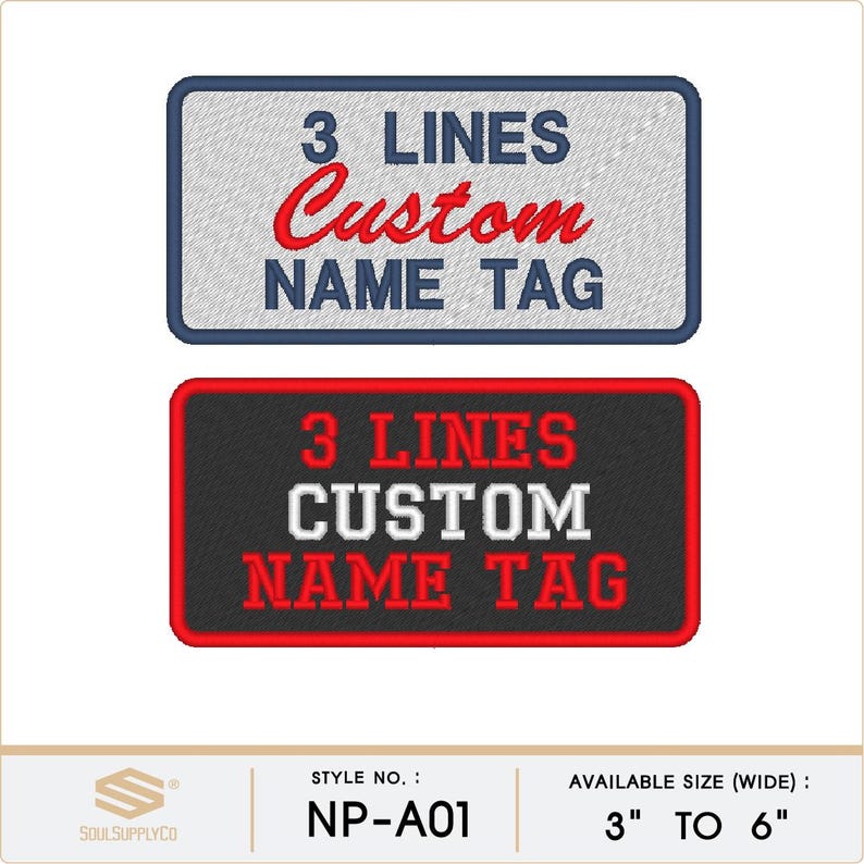 以下が含まれることがあります： 2つの刺繍ネームタグ。 上部のタグは、青いボーダーとテキストが付いた明るい灰色の背景です。 下部のタグは、赤いボーダーと白いテキストが付いた黒い背景です。 両方のタグは「3行カスタムネームタグ」と表示されます。 幅7.6〜15.2cmで利用可能。
