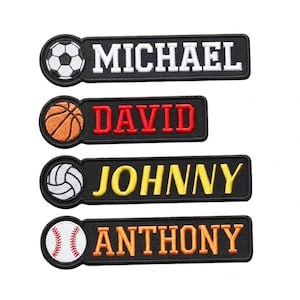May include: Four embroidered name patches with sports ball icons. The patches are black with white, red, and yellow text. The names are Michael, David, Johnny, and Anthony. The sports balls include a soccer ball, basketball, volleyball, and baseball.