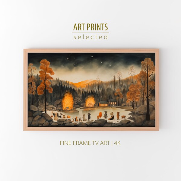 Funny Samsung Frame Tv Art, Animals Burning Houses, Bonfire Party, Naive Art Print, Nature Landscape, Frame Tv Spring Art, Digital Download