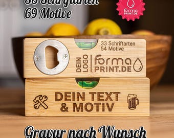 Personalized spirit level with name, gift engraving, bottle opener. Personalized gift with name, text & motif.
