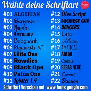 May include: A blue background with a list of 22 different fonts, numbered 1 through 22, with the font name next to each number. The text at the top of the image reads "W&auml;hle deine Schriftart" and the text at the bottom reads "Schriftart Vorschau auf www.fonts.google.com".
