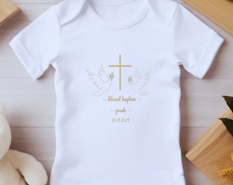 Personalized Baptism baby bodysuit, Bless Christening, white and gold, personalisierte baby body für Taufe. weiß und gold. gift for Baptism