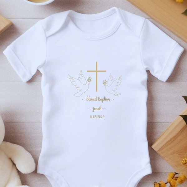 Personalized Baptism baby bodysuit, Bless Christening, white and gold, personalisierte baby body für Taufe. weiß und gold. gift for Baptism