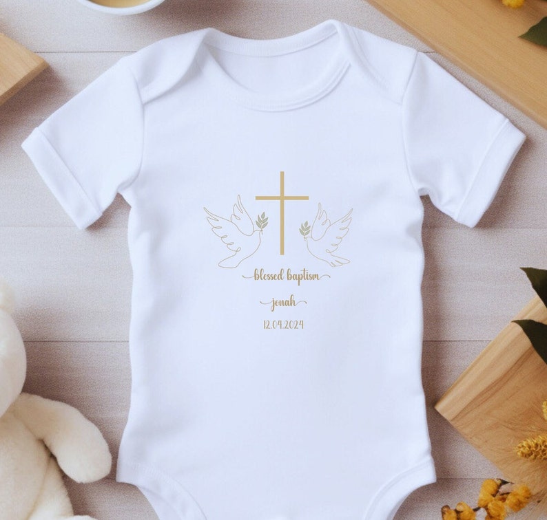 Personalized Baptism baby bodysuit, Bless Christening, white and gold, personalisierte baby body für Taufe. weiß und gold. gift for Baptism Bild 1
