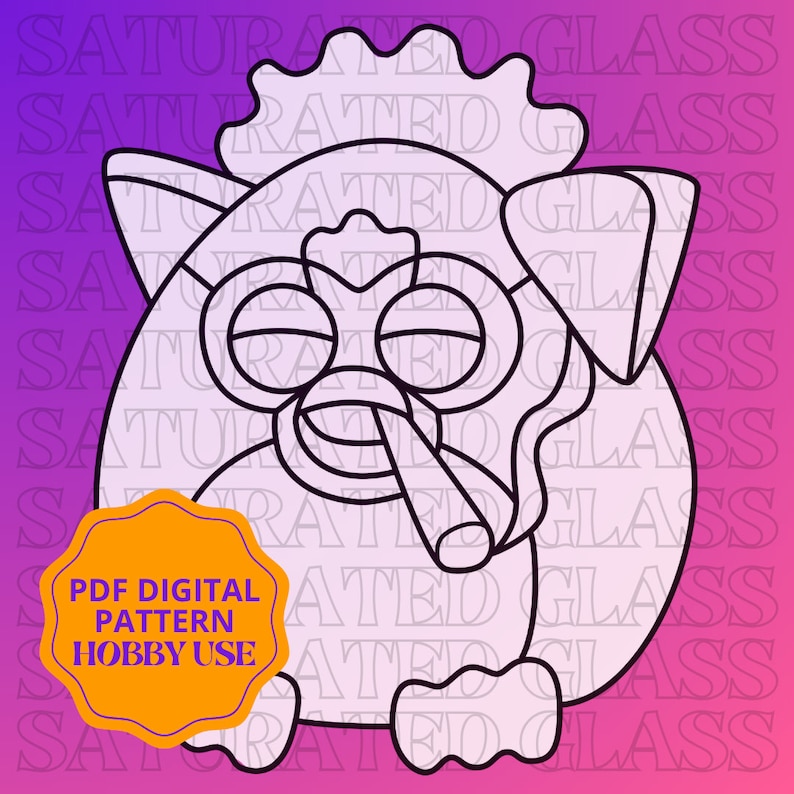 May include: A black and white line art digital download pattern of a cartoon furby with sunglasses and a cigarette. The pattern is labeled "PDF Digital Pattern Hobby Use".