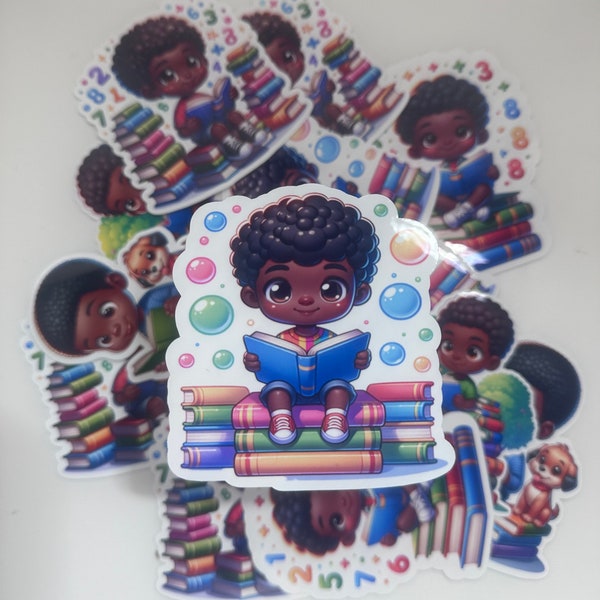 Little Black Boy reading a book with bubbles around him. Waterproof, Comfortably sitting Reading a books Vinyl, Laptops, Tumblers, 3.72