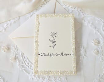 Elegant Pearl Border Thank You Card | 4x6 Vintage Floral Handmade Greeting Card with Envelope, Wedding and Bridal Shower Stationery