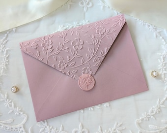 Dusty Rose Envelope and Wax Seal Set | Pink Floral A7 Embossed Envelope and Matching Seal for Bridal Showers, Wedding Invitations, Letters