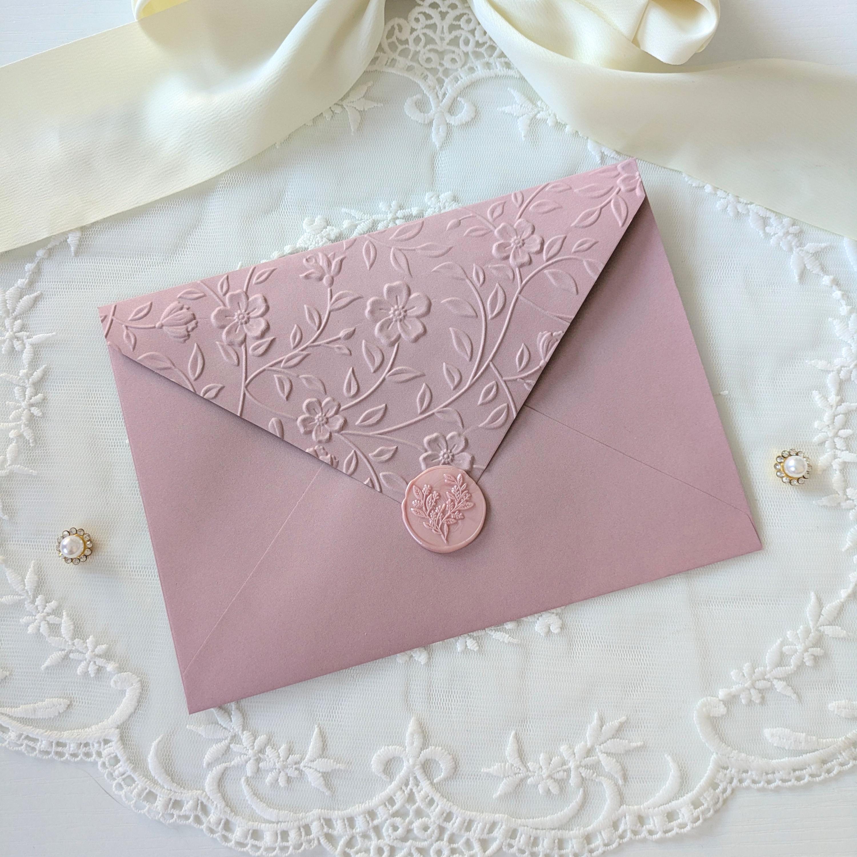 Dusty Rose Envelope and Wax Seal Set | Pink Floral A7 Embossed Envelope