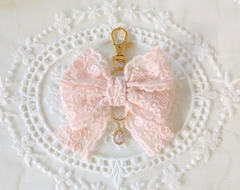 Blush Pink Lace Bow Keychain with Teardrop Charm | Elegant Bag Charm and Purse Accessory
