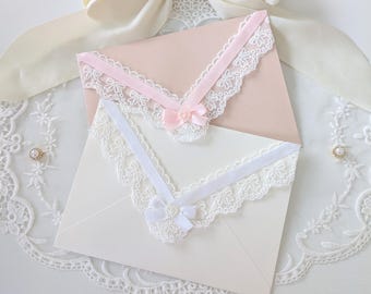 Elegant Lace Bow Envelopes | Blush Pink and White Coquette A7 Envelopes for Wedding Invitations, Love Letters, Bridal Showers