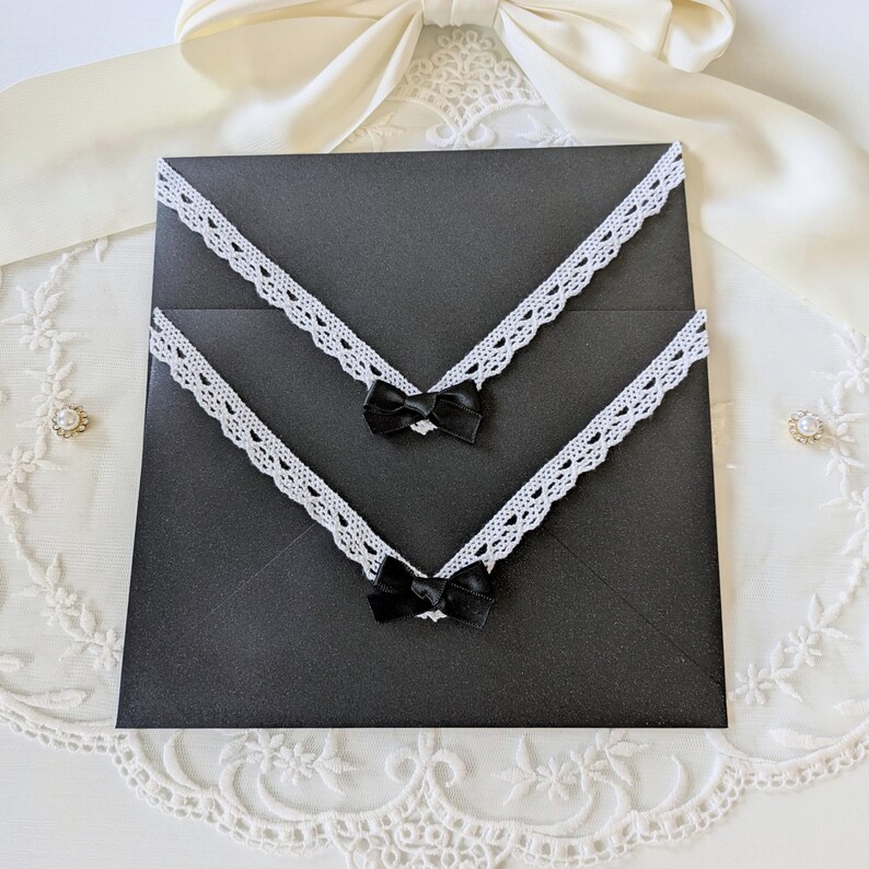 Black and White Lace Envelopes | Shimmer A7 Envelopes with Bow for 5x7 Cards, Party Invitations, Letter Writing image 4