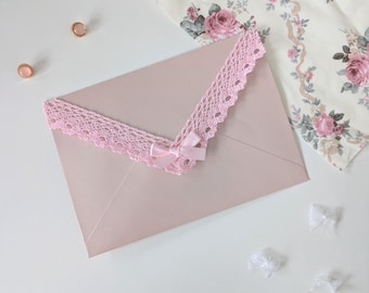 Pink Lace Envelopes | Cute Envelopes for Love Letters | Set of Pretty Envelopes for Cards | Invitation Envelopes with Bows