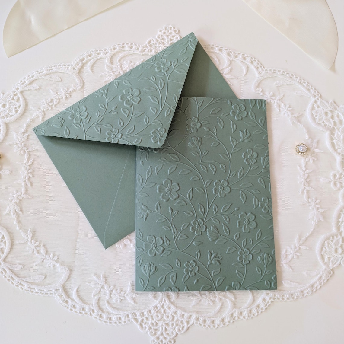 Sage Green Floral Embossed Greeting Cards Set | Blank 5x7 Cards and ...