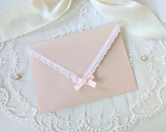 Coquette Pink Lace Envelopes  | A7 Envelopes with Rose Liner and Pearl Embellishments