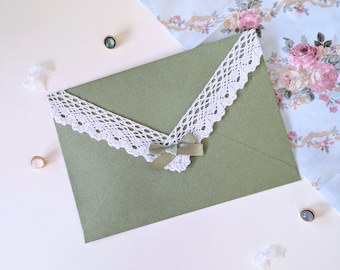Sage Green Lace Envelopes | Pretty Hand Decorated Stationery for Letter Writing, Wedding Invitations, Anniversaries, and Romantic Gifts