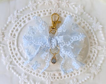 Blue Lace Bow Keychain with Teardrop Charm | Coquette Purse and Bag Accessory