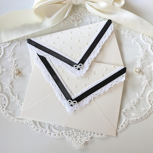 Luxury Lace Envelope with Pearls | Black and White Wedding Invitation Envelope and Bridal Shower Stationery
