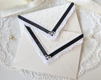 Luxury Lace Envelope with Pearls | Black and White Wedding Invitation Envelope and Bridal Shower Stationery