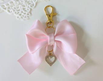 Pink Satin Bow Keychain with Heart Charm | Cute Bag Charm | Girly Keyring for Purses and Backpacks