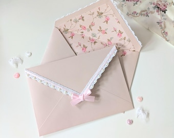 Pink Lace Envelopes with Pearls | A7 Coquette Envelopes with Rose Liner for Love Letters, Anniversaries, Letter Writing, Wedding Invitations