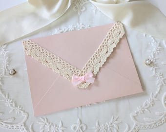 Blush Pink Lace Envelopes with Floral Liner | A7 Stationery for 5x7 Wedding Invitations, Cards, and Letters