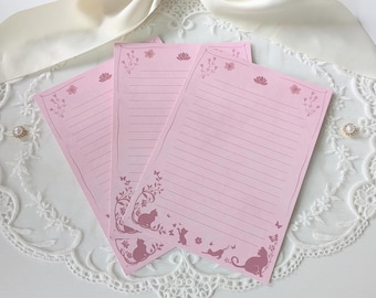 Pink Floral Cat Themed Lined Writing Paper | 5x7 Letter Cards for Pen Pals