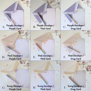 May include: Nine different combinations of envelopes and cards with lace trim. The envelopes are purple, pink, and ivory. The cards are purple, pink, and gray. Each combination is labeled with a letter and a description of the envelope and card color.