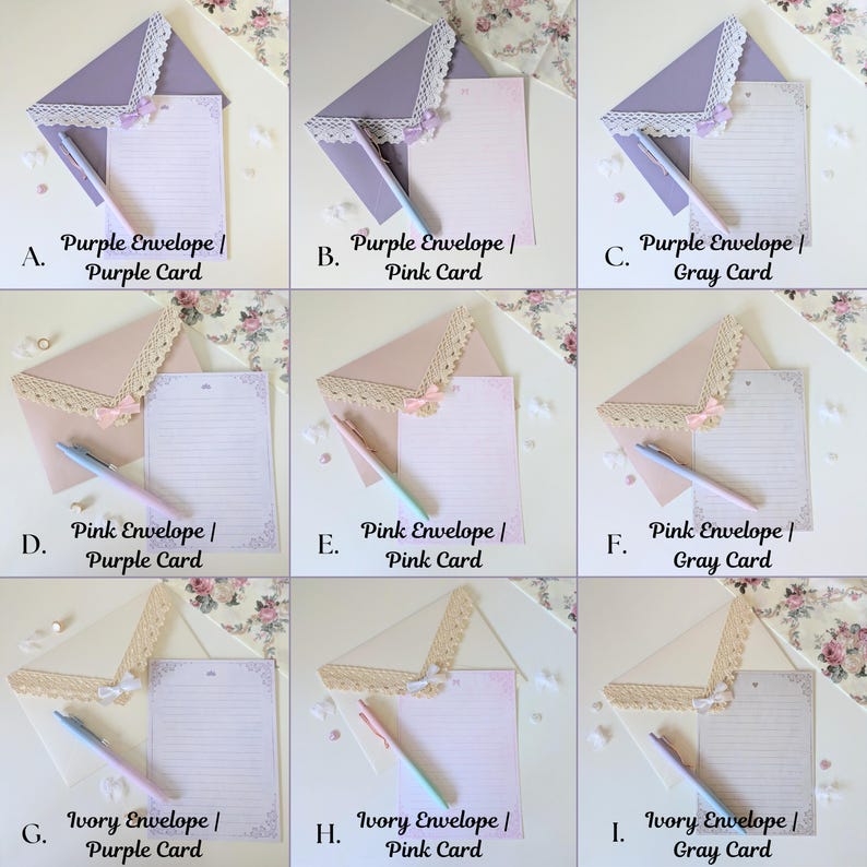 May include: Nine different combinations of envelopes and cards with lace trim. The envelopes are purple, pink, and ivory. The cards are purple, pink, and gray. Each combination is labeled with a letter and a description of the envelope and card color.